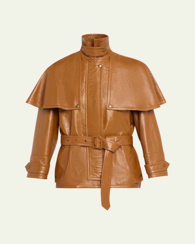 Short Belted Leather Cape Trench Coat